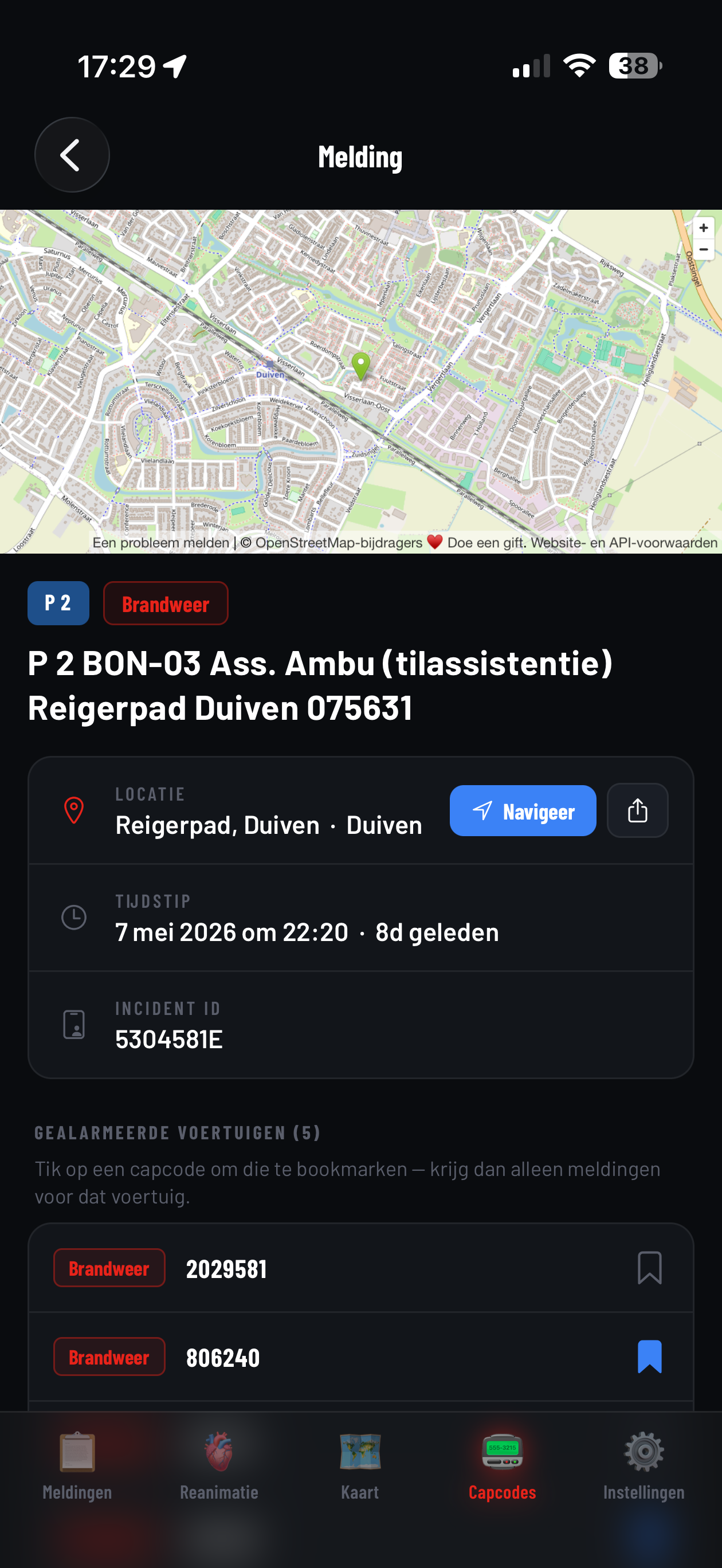Detailscherm met kaart, locatie en gealarmeerde voertuigen
